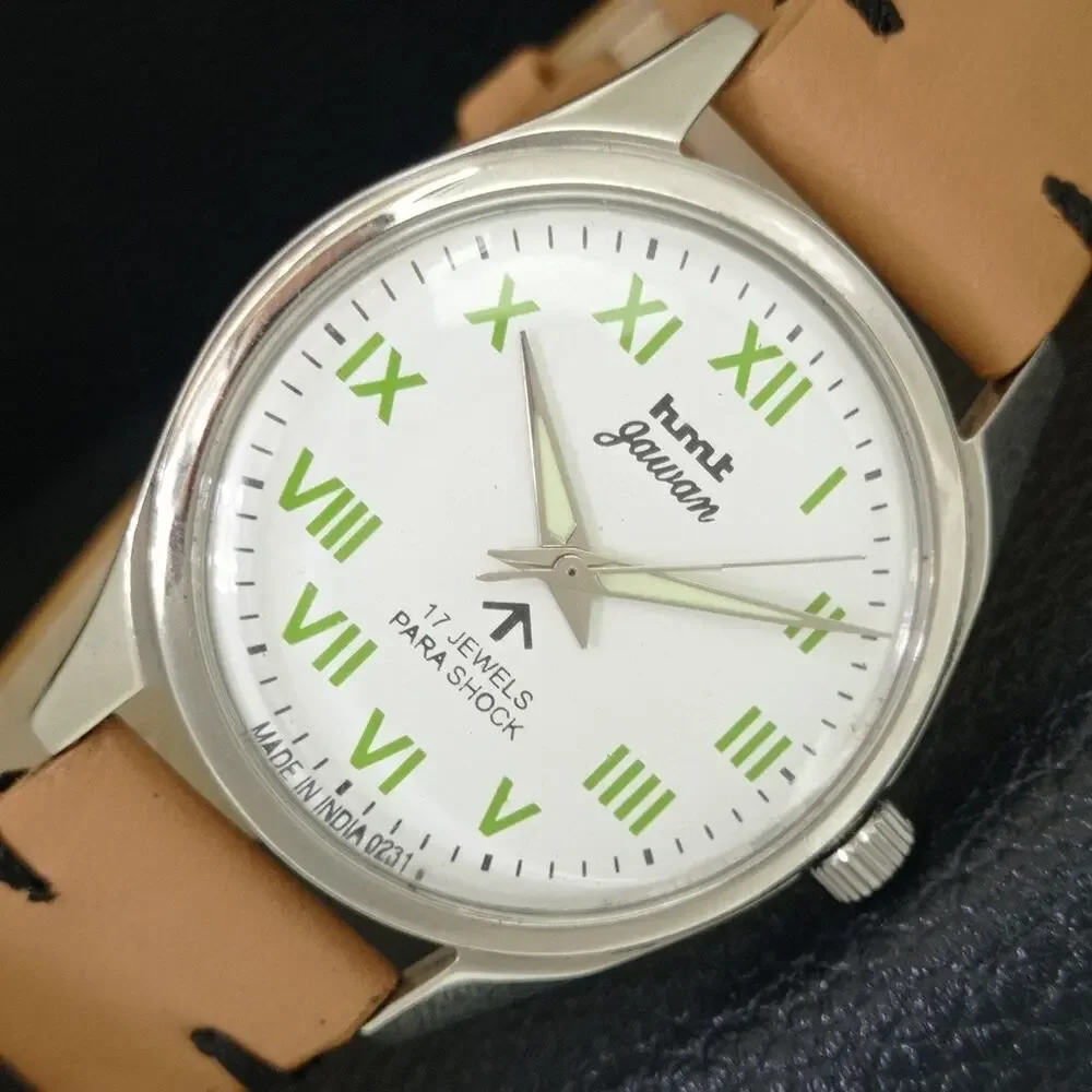 Vintage 1974 HMT Manual Wound Mens Silver Watch & Green accents